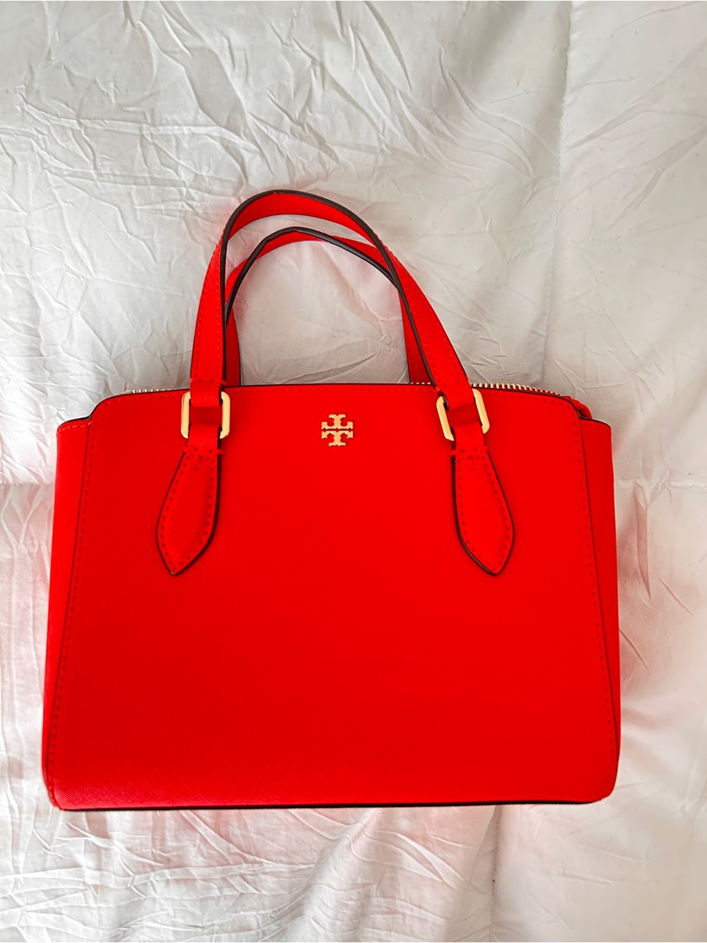 Tory Burch Bright Red-Orange Leather Double-Handle Mini Satchel